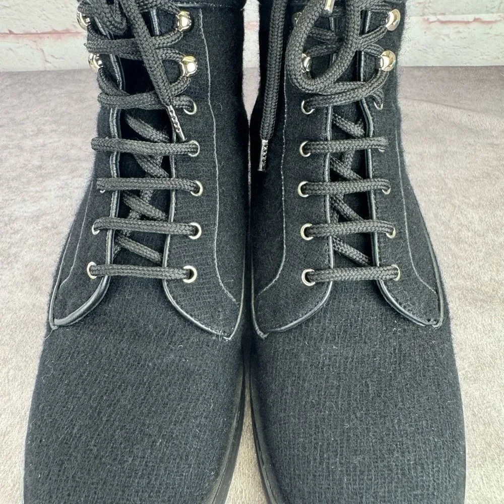 Chanel $1450 Wool Lace Up Black Biker Ankle Boots 9